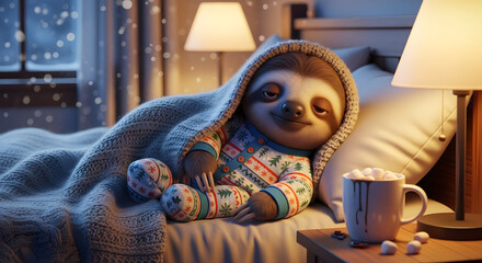 Naklejka premium Adorable smiling sloth wearing holiday pajamas, tucked into a warm bed with hot chocolate on a snowy evening