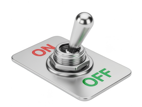 Close-up of a silver toggle switch showing both on and off states isolated on transparent background
