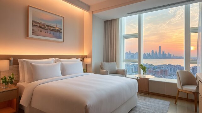 Modern Hotel Room with Scenic City View and Sunset Over Skyline, Elegant Decor and Cozy Atmosphere, Perfect for Relaxation and Leisure Travel
