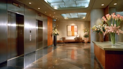 Modern commercial lobby interior with elevators, stylish artwork, elegant seating area, floral arrangements, and reflective marble flooring in a corporate setting.