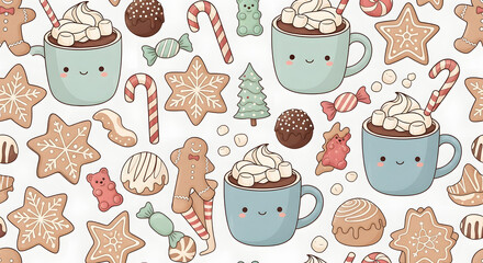Festive Delights A Whimsical Christmas Treat Pattern with Gingerbread and Hot Chocolate