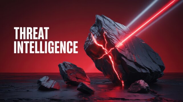 Threat intelligence concept rocks illuminated by laser beams in a dark digital space for cybersecurity solutions and protection against online risks