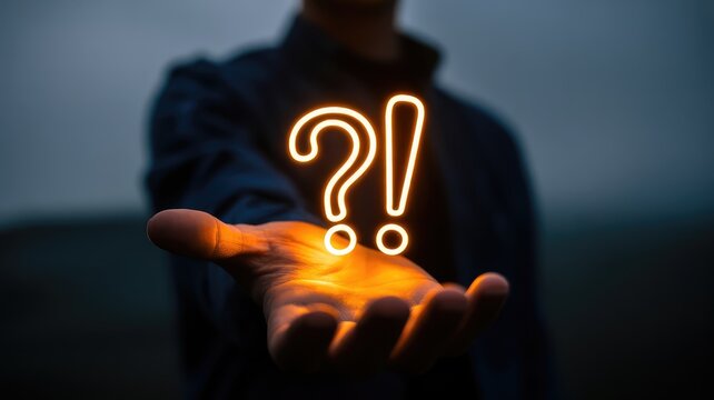 Mysterious glowing question and exclamation mark hovering above palm, uncertainty and discovery concept with a creative, thought-provoking symbol