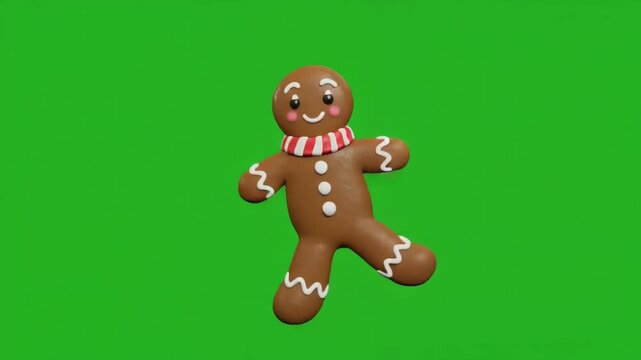 Animated Gingerbread Character Doing Shuffle Dance on Green Screen with Festive Red and White Scarf in a Cheerful Display Perfect for Holiday Themes and