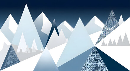 Stylized geometric mountain range illustration featuring a conceptual winter landscape with snow-capped peaks under a dark blue sky