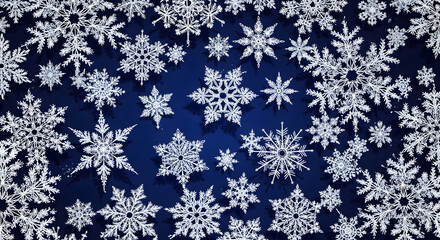 Intricate white ice crystal snowflakes scattered across a dark blue winter holiday background