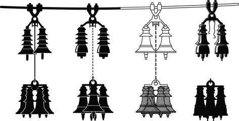 Electrical insulator assemblies, high voltage suspension, power line components, industrial energy equipment, transmission system design, engineering infrastructure illustration set