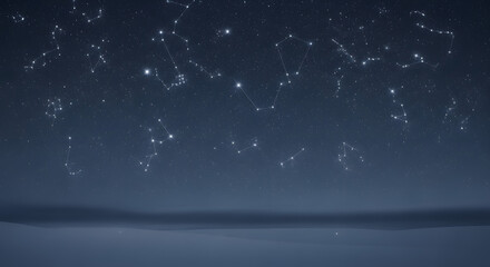 A serene night sky filled with glowing constellations and zodiac signs over a calm, dark horizon