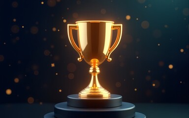 Digital trophy award on futuristic background. Glowing golden goblet on black pedestal. Modern innovation tech success achievement concept. Winner champion prize. High quality