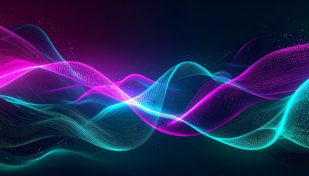 Abstract flowing neon waves of pink and teal light creating a vibrant and energetic digital art background with particles