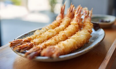  four large deep-fried prawns with heads still attached, arranged in a straight, fully-extended position on a ceramic plate. Each prawn is long and stretched out, coated in golden, crispy panko batter