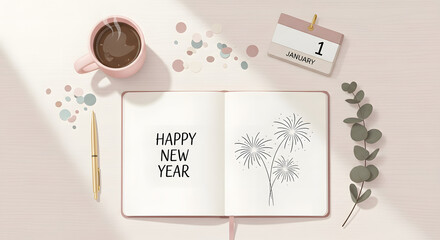 A flat lay concept for New Year's celebration and planning with a notebook, calendar, and coffee on a pastel background