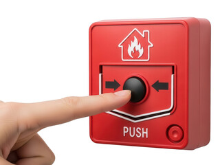 Hand pressing red fire alarm button for safety alert. isolated on transparent background