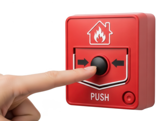 Hand pressing red fire alarm button for safety alert. isolated on transparent background