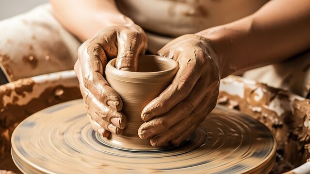 Hands shaping clay on a pottery wheel creating a ceramic vessel - Powered by Adobe