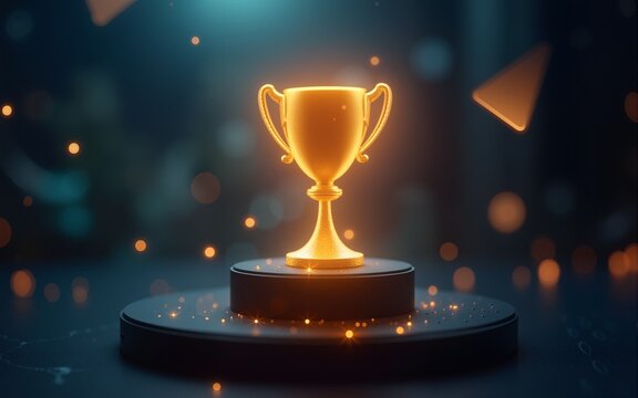 Digital trophy award on futuristic background. Glowing golden goblet on black pedestal. Modern innovation tech success achievement concept. Winner champion prize. High quality