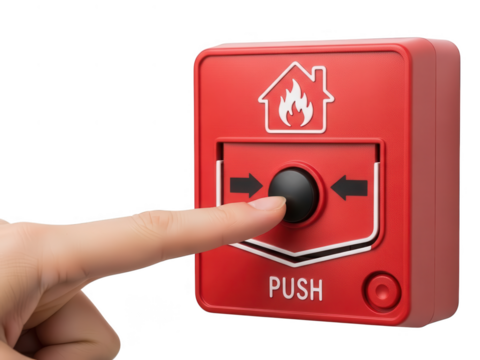 Hand pressing red fire alarm button for safety alert. isolated on transparent background