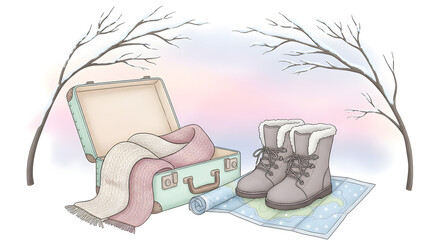 Cozy Winter Getaway Suitcase, Boots, and a Map Ready for Adventure