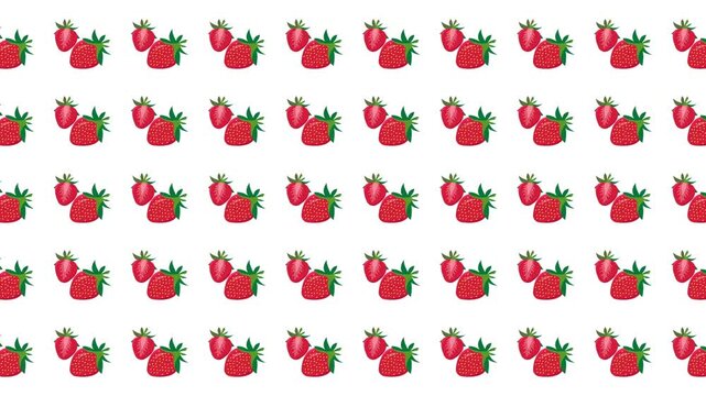 Repeating pattern of single and double strawberry illustrations. Ideal for food packaging, summerthemed designs, and fruity backgrounds.