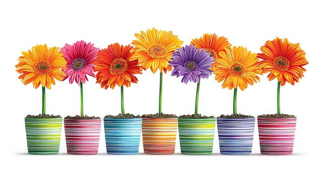 Colorful Gerbera Daisies in Striped Pots on White Background Vibrant Floral Display - Powered by Adobe