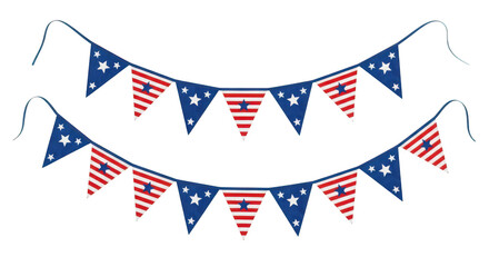 Two strings of patriotic american flag bunting pennant banners with stars and stripes isolated on transparent background