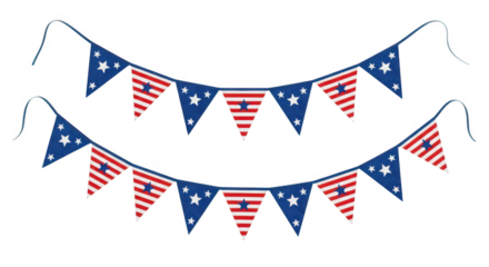 Two strings of patriotic american flag bunting pennant banners with stars and stripes isolated on transparent background
