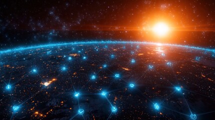 Obraz premium A digital globe shows interconnected points glowing against a vibrant sunrise in deep space