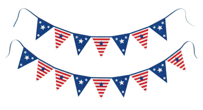 Two strings of patriotic american flag bunting pennant banners with stars and stripes isolated on transparent background - Powered by Adobe
