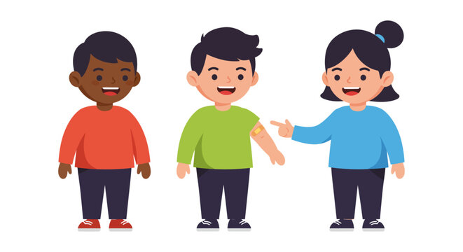 Kids vaccine happy children pointing to arm bandage after vaccination promoting child health and immunization awareness campaigns