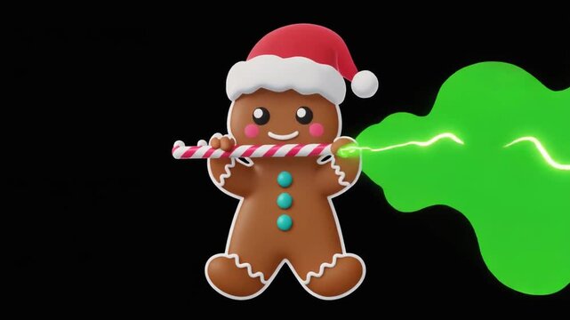 Animated Kawaii Gingerbread Man Playing Candy Flute on Green Screen Background for Festive Themes Isolated Against Black Backdrop, Adorable Character Emitting