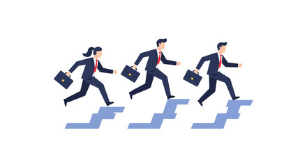 Business people climbing stairs running towards success in a career representing ambition and progress in a corporate environment ideal for growth