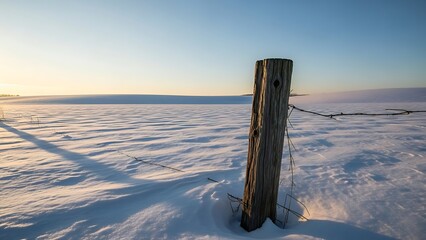 Rustic Wooden Post and Barbed Wire in a Snowy Landscape at Golden Hour