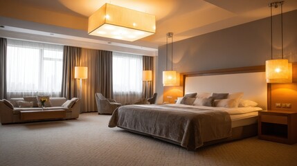 Modern hotel bedroom interior with large window, stylish lighting, and elegant furniture creating a cozy and inviting atmosphere for relaxation