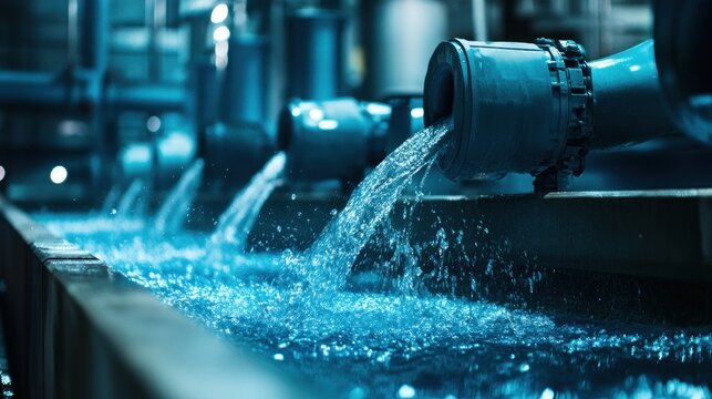 Cascading water flows from pipes in an industrial setting, cool blue tones