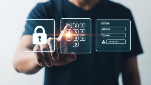 Man finger touching digital interface with padlock, keypad, and login screen for security concept