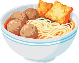 Delicious bowl of Indonesian noodle soup featuring savory meatballs and crispy tofu, perfect for food blogs, culinary websites, and restaurant promotions