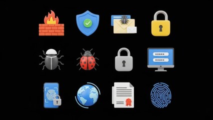 Collection of cybersecurity and data protection icons including firewall, shield, bug, lock, globe, and fingerprint on black background