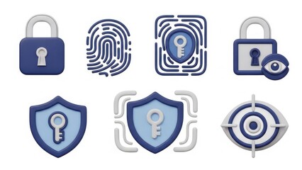 Collection of 3d security and protection icon set featuring padlock, fingerprint, shield, keyhole, and target for digital safety concept