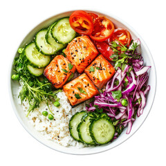 A colorful bowl of fresh vegetables and grilled salmon, garnished with fresh herbs and sliced tomatoes, served in a white bowl against a white background.