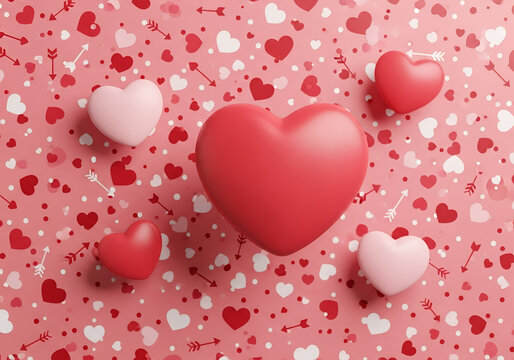 3D red and pink hearts with cupid arrows on a textured pink background love valentine