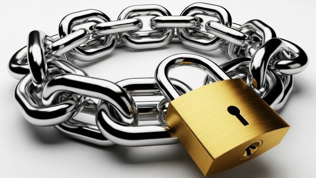 Shiny silver metal chain locked with a golden padlock, symbolizing security and protection isolated on white background