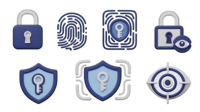 Collection of 3d security and protection icon set featuring padlock, fingerprint, shield, keyhole, and target for digital safety concept