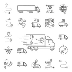 Dynamic logistics icons showcasing modern delivery methods like trucks, drones, and global tracking for efficient supply chain management.