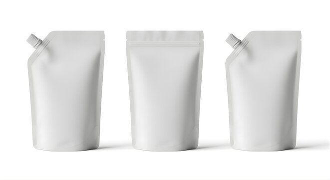 Collection of White Spout Pouch Packaging Mockups for Liquid Food or Cosmetic Products Standing Upright in Various Angles Ready for Branding and Design on Background