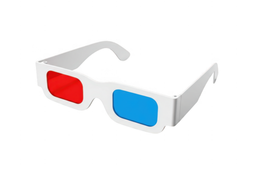 Classic white anaglyph 3d glasses with red and cyan lens for stereoscopic viewing isolated on transparent background