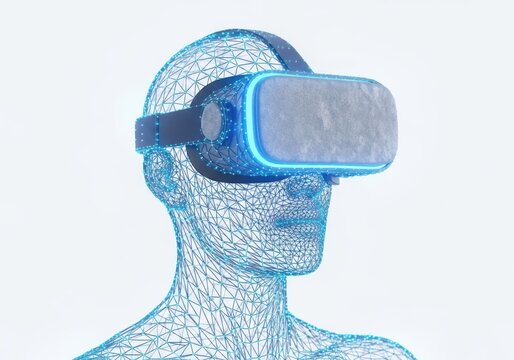 Wireframe human head wearing a glowing blue virtual reality headset isolated on white background