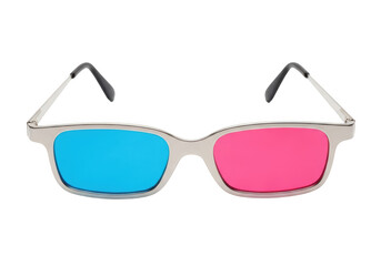 A pair of anaglyph 3d glasses with cyan and magenta lenses isolated on transparent background