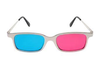 A pair of anaglyph 3d glasses with cyan and magenta lenses isolated on transparent background