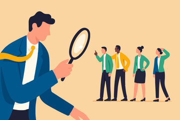 Recruitment searching the best candidate or job, Human resources, head hunt, choosing talent for job vacancy concept, employer boss or HR use magnifying glass to choose job interview people