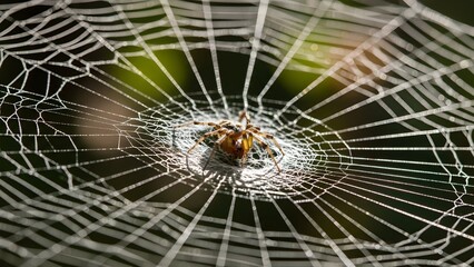 The web is covered in dew or fine silk, catching the sunlight, and the background is a soft, dark green blur of foliage.